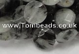 CRU04 15.5 inches 15mm faceted flat round black rutilated quartz beads