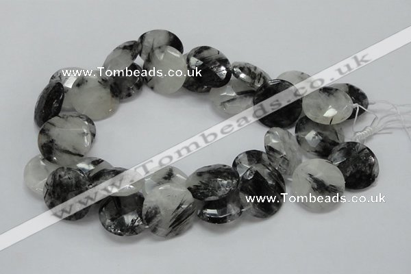 CRU05 15.5 inches 25mm faceted flat round black rutilated quartz beads