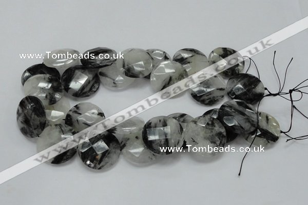 CRU06 15.5 inches 30mm faceted flat round black rutilated quartz beads