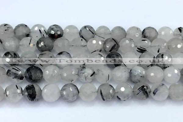 CRU1072 15 inches 10mm faceted round black rutilated quartz beads