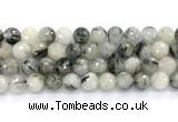 CRU1094 15.5 inches 12mm faceted round black rutilated quartz gemstone beads