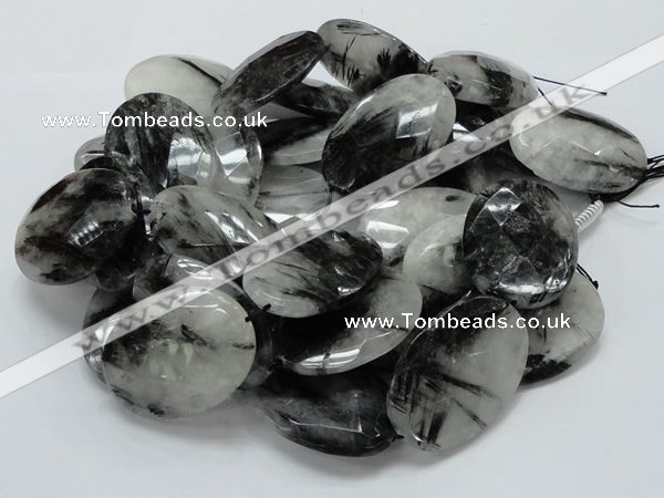 CRU21 15.5 inches 35*50mm faceted oval black rutilated quartz beads