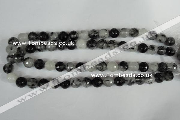 CRU315 15.5 inches 12mm faceted round black rutilated quartz beads