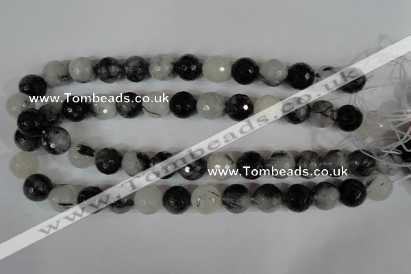 CRU316 15.5 inches 14mm faceted round black rutilated quartz beads