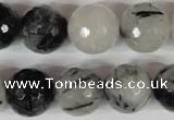 CRU317 15.5 inches 16mm faceted round black rutilated quartz beads