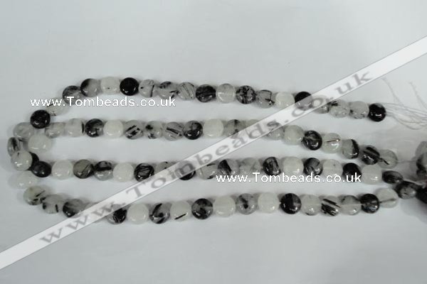 CRU338 15.5 inches 10mm flat round black rutilated quartz beads