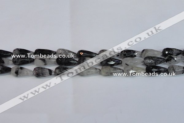 CRU350 15.5 inches 12*25mm faceted teardrop black rutilated quartz beads