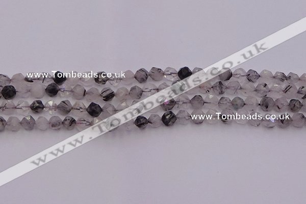CRU511 15.5 inches 6mm faceted nuggets black rutilated quartz beads