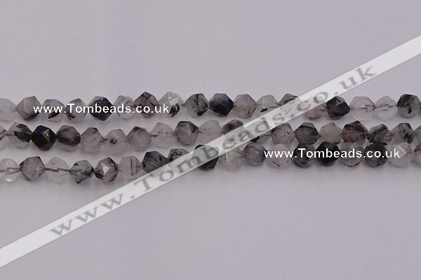 CRU512 15.5 inches 8mm faceted nuggets black rutilated quartz beads