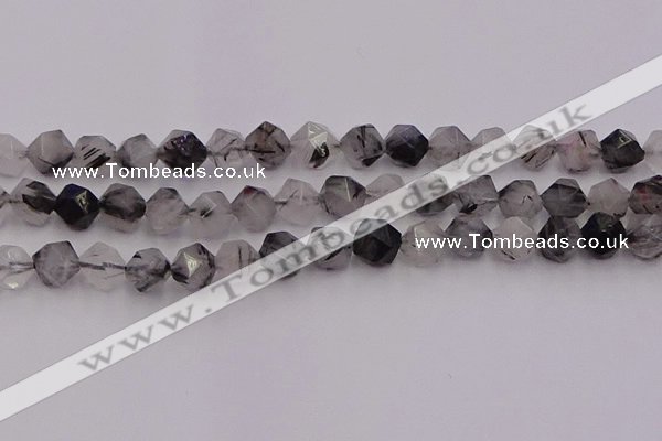 CRU514 15.5 inches 12mm faceted nuggets black rutilated quartz beads