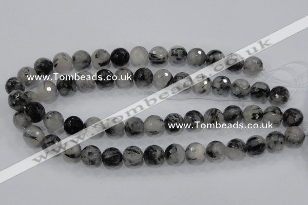 CRU61 15.5 inches 14mm faceted round black rutilated quartz beads