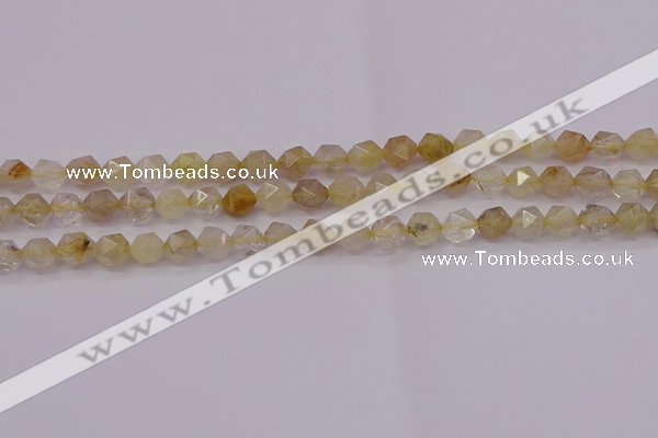 CRU621 15.5 inches 6mm faceted nuggets golden rutilated quartz beads