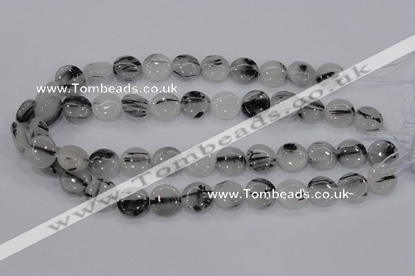 CRU80 15.5 inches 14mm flat round black rutilated quartz beads