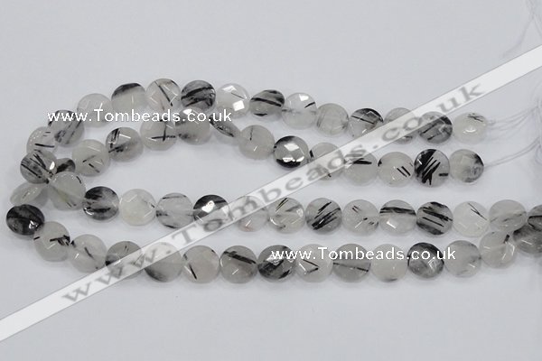 CRU93 15.5 inches 14mm faceted coin black rutilated quartz beads