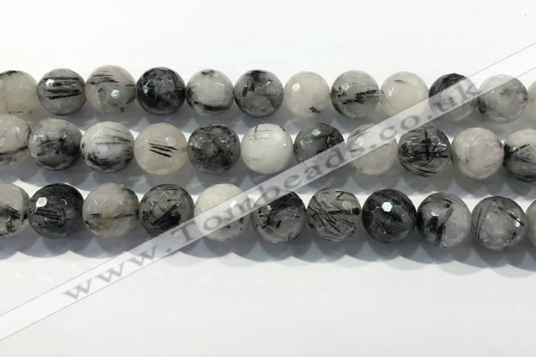 CRU936 15.5 inches 14mm faceted round black rutilated quartz beads