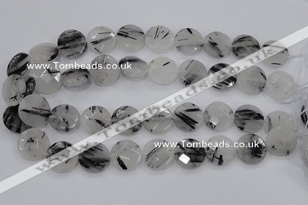 CRU94 15.5 inches 20mm faceted coin black rutilated quartz beads