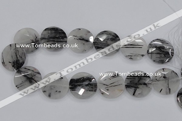 CRU95 15.5 inches 30mm faceted coin black rutilated quartz beads