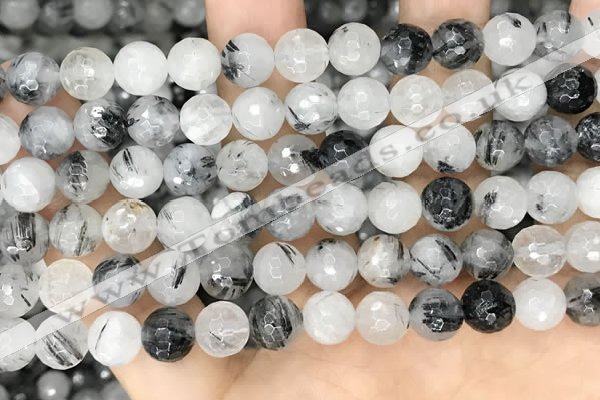 CRU967 15.5 inches 8mm faceted round black rutilated quartz beads