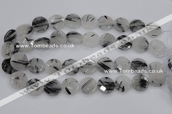 CRU98 15.5 inches 22mm faceted coin black rutilated quartz beads