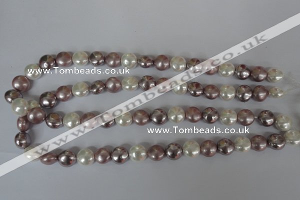 CSB184 15.5 inches 12mm flat round mixed color shell pearl beads