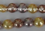 CSB186 15.5 inches 12mm flat round mixed color shell pearl beads