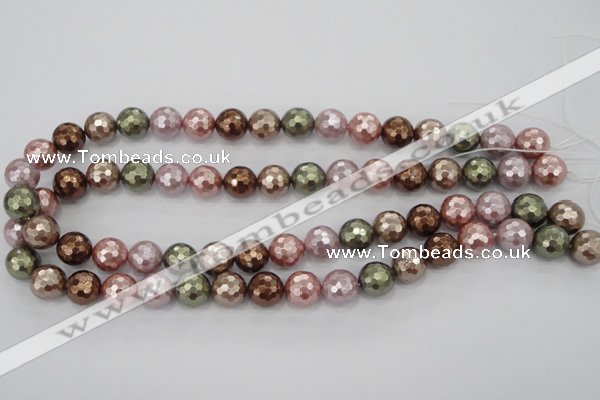 CSB502 15.5 inches 12mm faceted round mixed color shell pearl beads