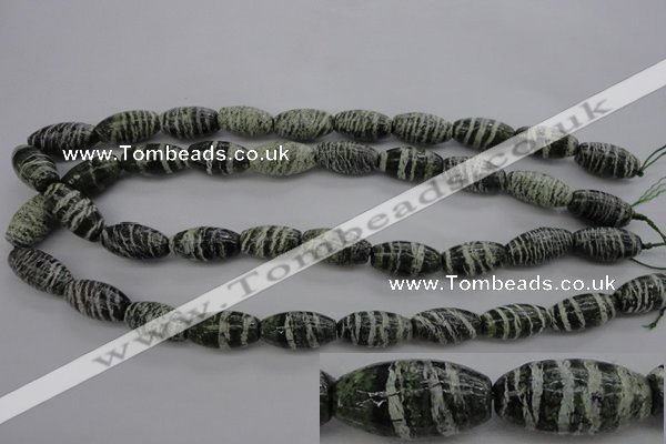 CSJ105 15.5 inches 10*20mm rice green silver line jasper beads