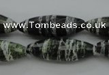 CSJ108 15.5 inches 10*30mm faceted rice green silver line jasper beads