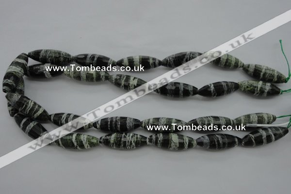 CSJ108 15.5 inches 10*30mm faceted rice green silver line jasper beads