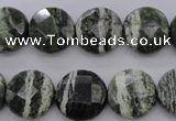 CSJ120 15.5 inches 15mm faceted coin green silver line jasper beads