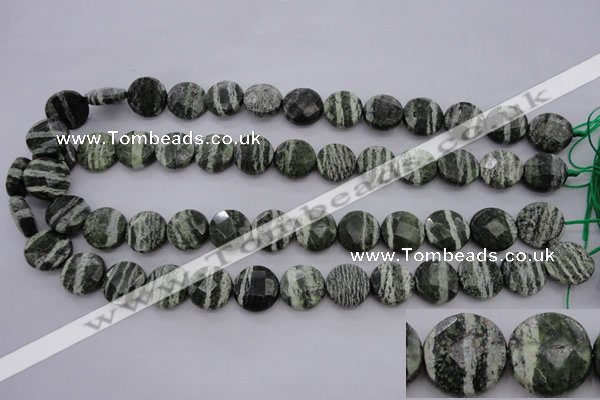 CSJ120 15.5 inches 15mm faceted coin green silver line jasper beads