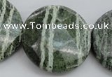 CSJ125 15.5 inches 40mm faceted coin green silver line jasper beads