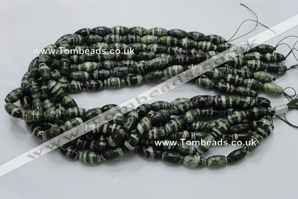 CSJ18 15.5 inches 8*15mm rice green silver line jasper beads