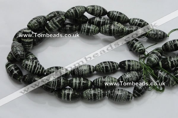 CSJ20 15.5 inches 15*30mm rice green silver line jasper beads