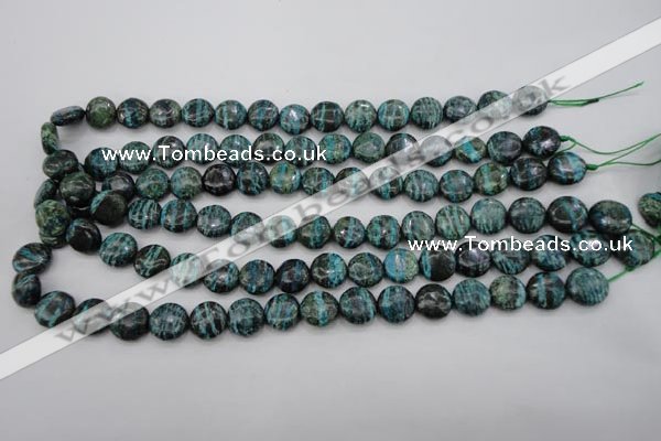 CSJ215 15.5 inches 12mm flat round dyed green silver line jasper beads