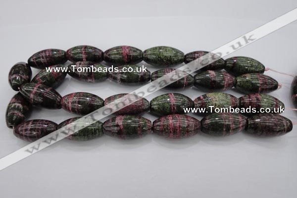 CSJ274 15.5 inches 15*30mm rice dyed green silver line jasper beads