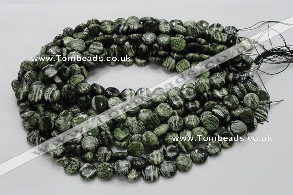 CSJ42 15.5 inches 12mm flat round green silver line jasper beads
