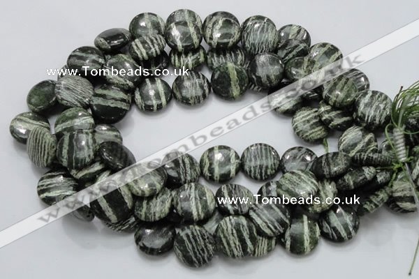 CSJ44 15.5 inches 20mm flat round green silver line jasper beads