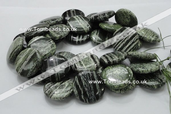 CSJ47 15.5 inches 35mm flat round green silver line jasper beads