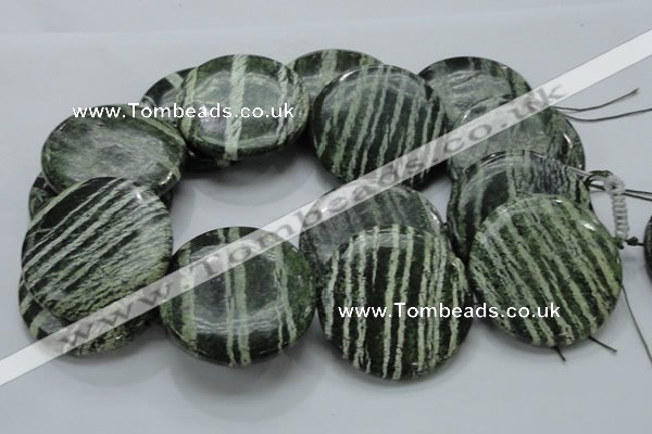 CSJ49 15.5 inches 50mm flat round green silver line jasper beads