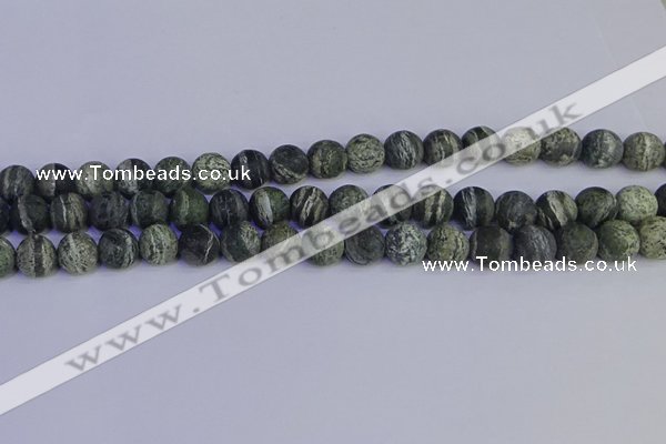 CSJ503 15.5 inches 10mm round matte green silver line jasper beads