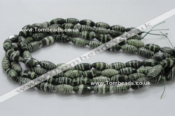 CSJ72 15.5 inches 10*20mm faceted rice green silver line jasper beads