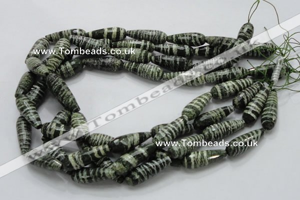 CSJ76 15.5 inches 10*30mm faceted teardrop green silver line jasper beads