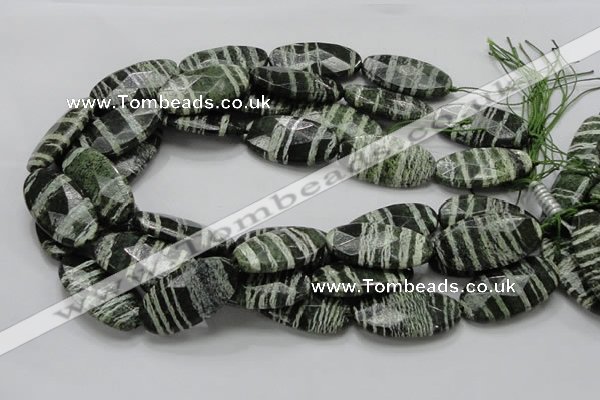 CSJ81 15.5 inches 20*40mm faceted oval green silver line jasper beads