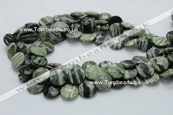 CSJ82 15.5 inches 18mm faceted flat round green silver line jasper beads