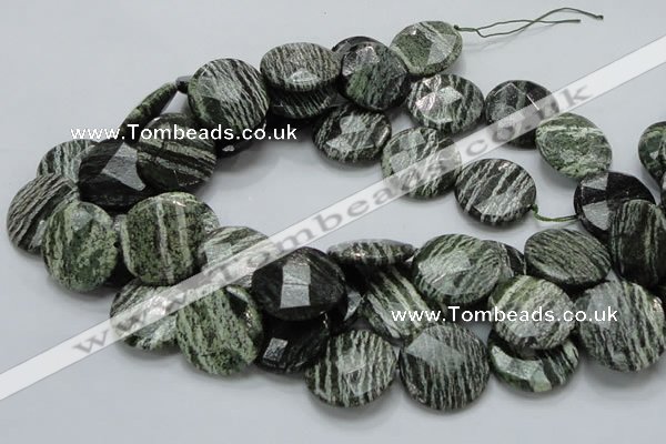 CSJ83 15.5 inches 25mm faceted flat round green silver line jasper beads