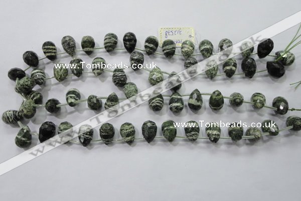 CSJ86 Top-drilled 10*14mm faceted teardrop green silver line jasper beads