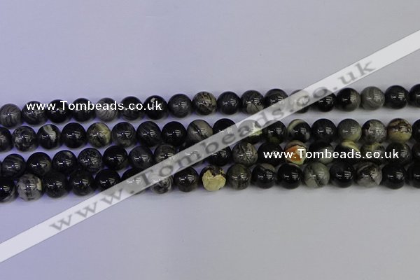 CSL213 15.5 inches 10mm round black silver leaf jasper beads