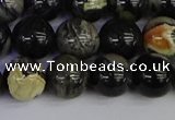 CSL214 15.5 inches 12mm round black silver leaf jasper beads