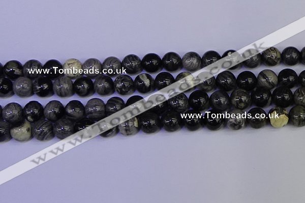 CSL215 15.5 inches 14mm round black silver leaf jasper beads